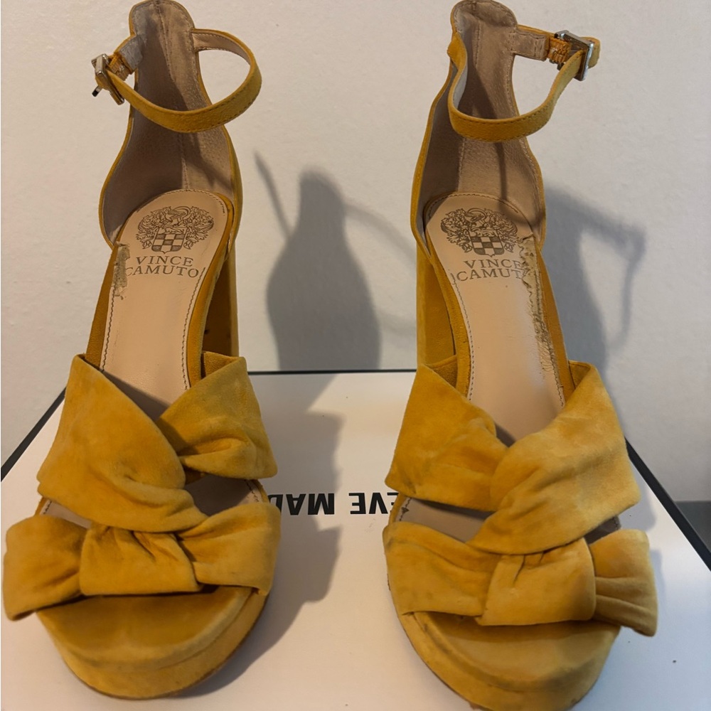 Vince Camuto Mustard Yellow Suede Knotted Ankle-Strap Sandals